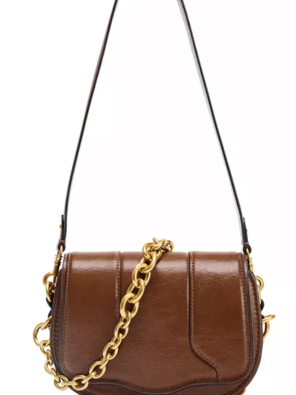 Zara Brown Leather Mini Crossbody with Gold Chain